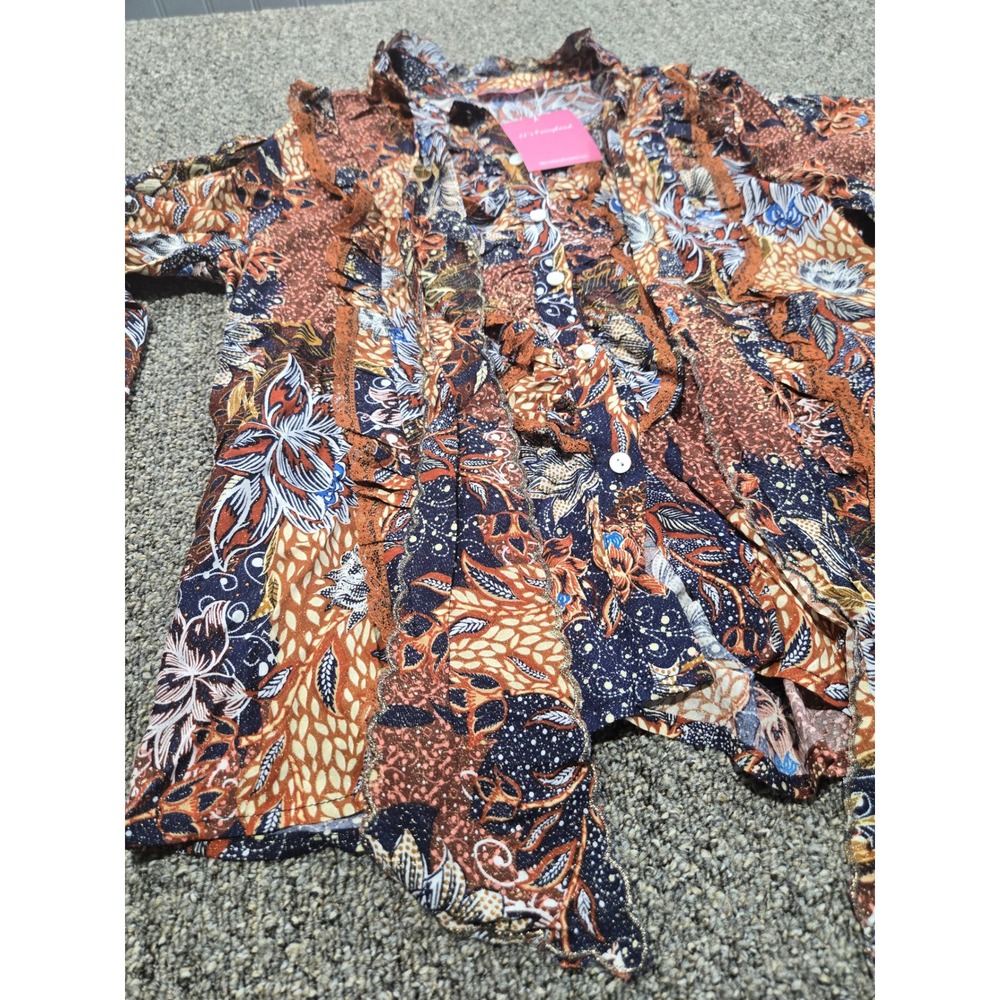 JJs Fairyland Womens Boho Floral Ruffle Lace Trim Blouse Rust Navy Blue SMALL - Picture 6 of 8